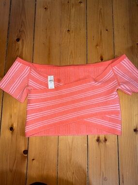 aerie Coral Pink Striped Off-Shoulder Knit Crop Top